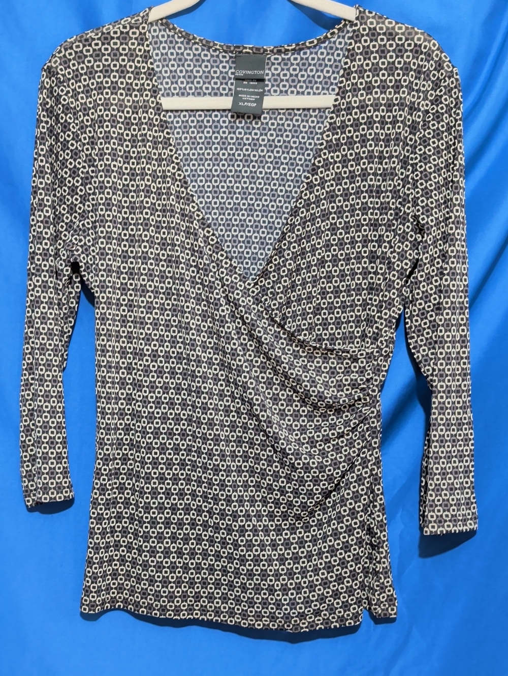 Covington XLP Black and Cream Geometric Faux-Wrap Long Sleeve Tee